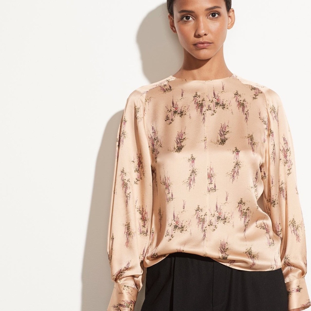NWT Vince Wisteria Mock Neck Silk Blouse Tan Size M